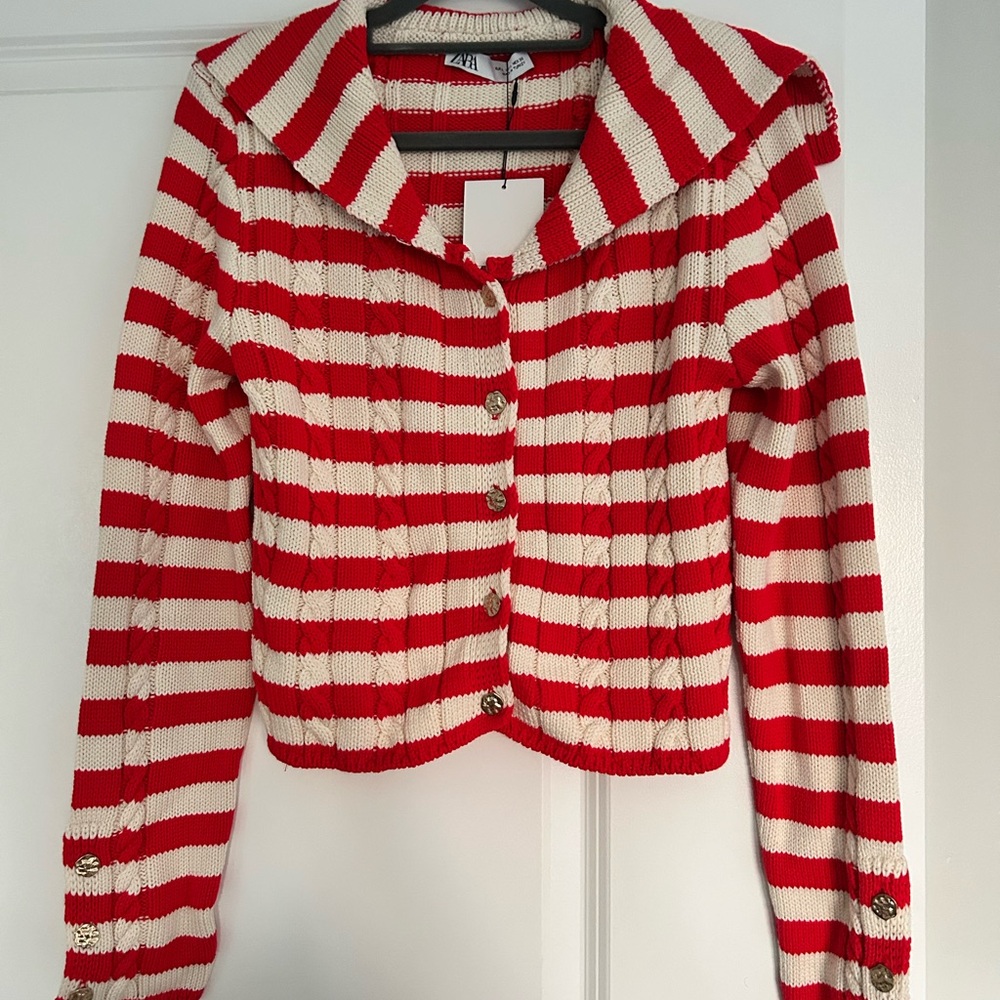 Zara Red and White Striped Knit Sweater